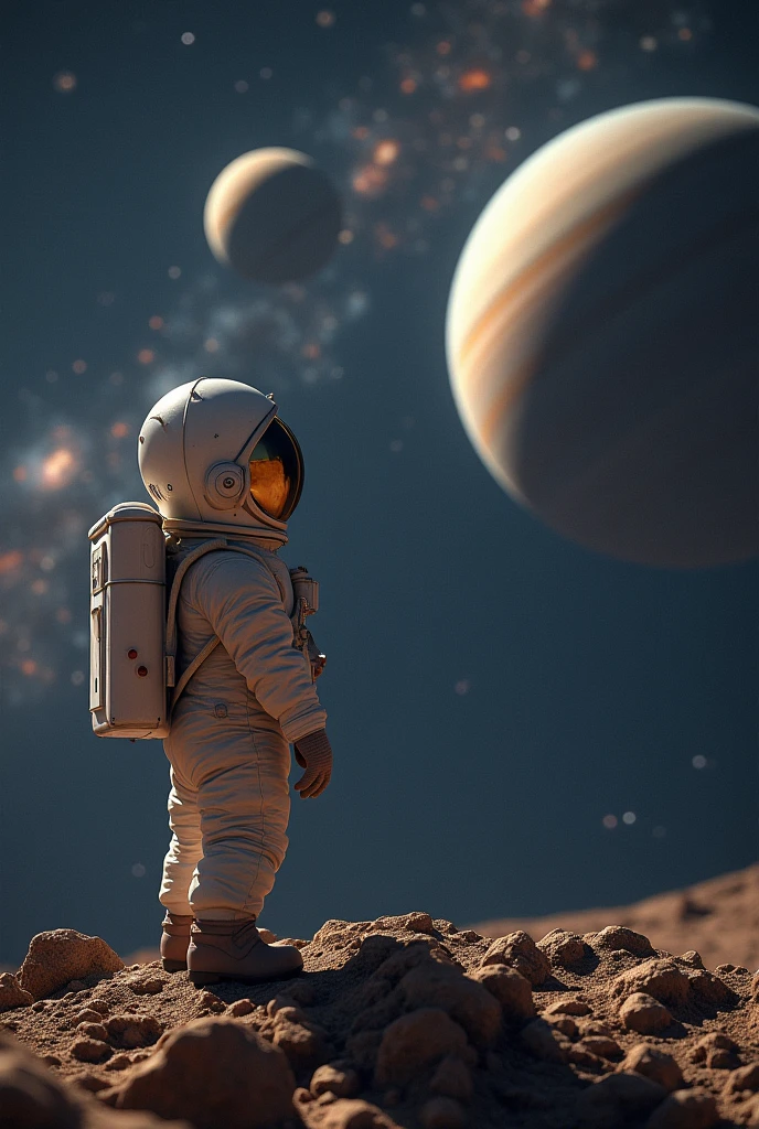 Baby astronaut looking at Saturn