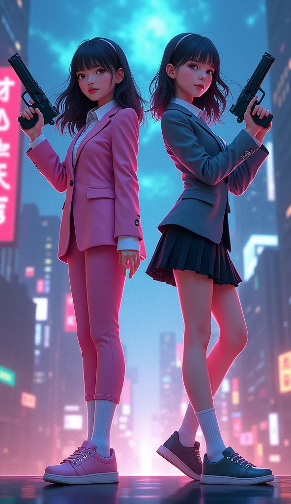 Two girls, yuri,(The first girl wear a pink suit, black pencil skirt, white socks, pink sneakers), (The second girl wore a grey suit, black pencil skirt, white socks, grey sneakers), back to back, holding a handguns, night city, fantastic sky, novel cartoon, 4K, HD