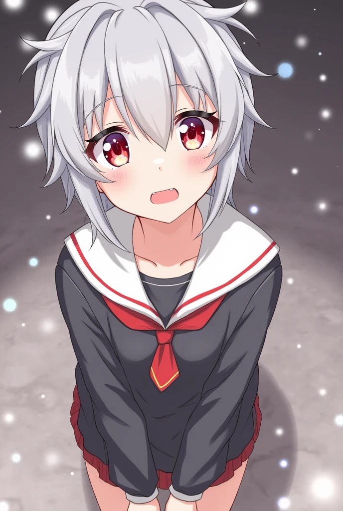 ((masterpiece)), (Highest quality), (Simple style), Silver hair, red eyes, sailor uniform, skirt, crouching, from the front, panty shot