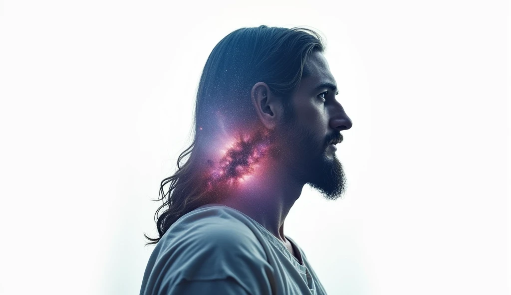 Super sharp photo (((a captivating Double Exposure image, mixing the profile of Jesus Christ and the Galaxy))) : a friendly Jesus Christ should serve as a backdrop, with the details of the galaxy subtly incorporated into its contours : white background : Laurence Winram