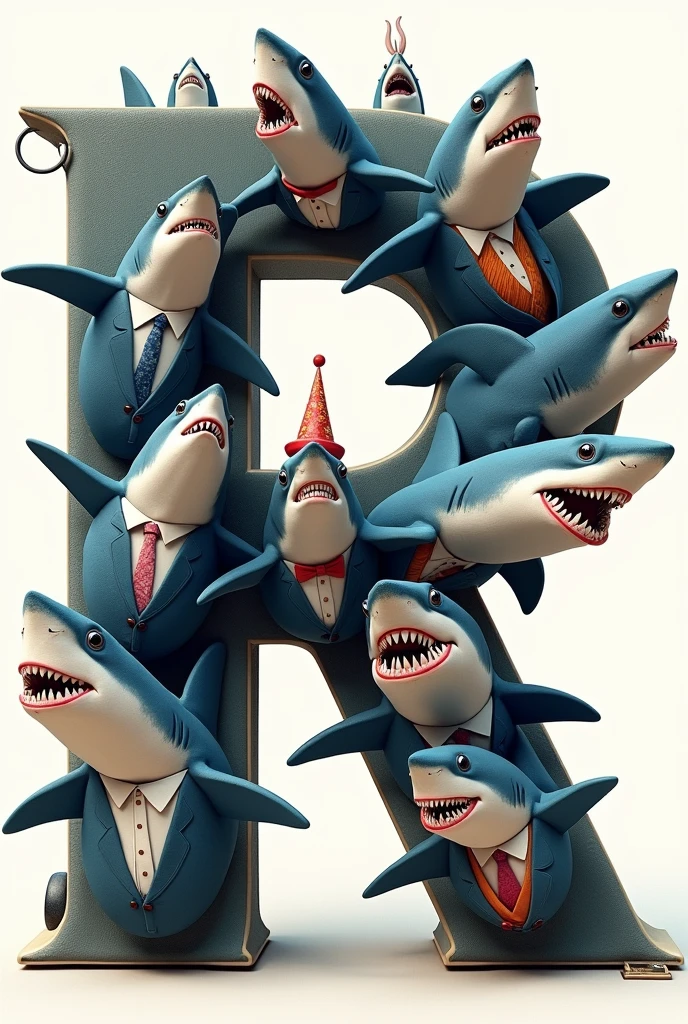 A letter R filled with sharks dressed in different ways
