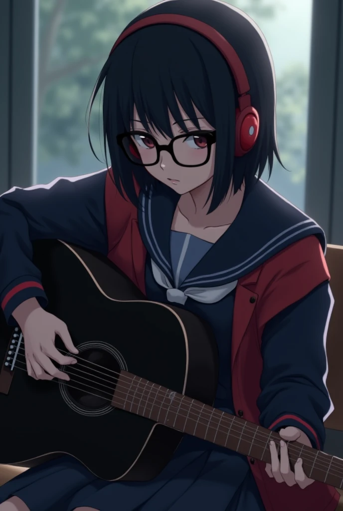 Dark short hair anime girl, with black glasses , in a blue school uniform and a red jacket with dark blue sleeves and with red headphones, playing a black acoustic guitar