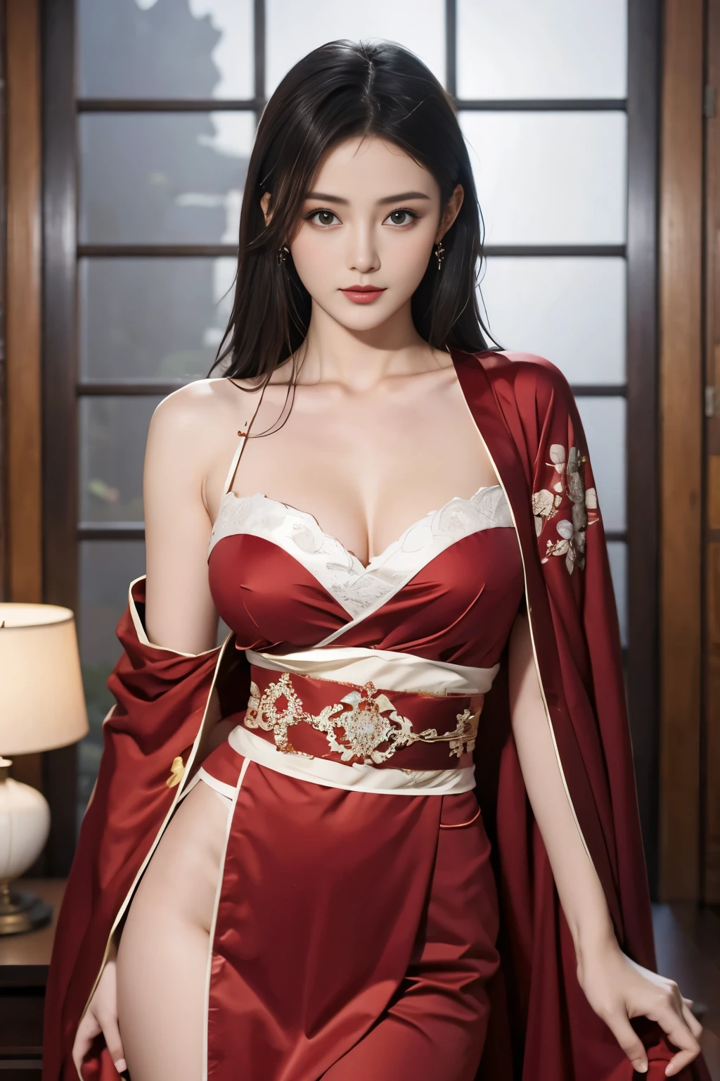 Dark environment,Except for the moonlight outside the window(Side lighting),Art Nouveau,Faint candlelight,Beautiful and attractive woman 20 years old in luxurious robe feeling happy,Oriental element wine red gauze cape(Clothing is transparent1.2),Intricate clothing accessories。Border decoration、embroidery,Dark silk long skirt,Low waist and high legs, ,Perfect face and body,Beautiful standard breasts, Toned thighs,medium to long shot ,Emerging Art Background,Tea,antiquity