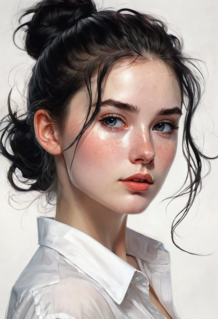 closeup of a Breathtaking hot school girl wearing a unbuttoned tight white shirt with long black hair in a messy bun , pale skin, perfect skin, black eyeliner , long eyelashes, soft skin, slight freckles, defined cheek bones, high cheek bones, soft round face, cheery, blushing, magic mist, digital painting, digital illustration, extreme detail, digital art, 4k, ultra hd, Anna Dittmann, greg rutkowski, alyssa monks, hyperrealism, trending on artstation, by Egon Schiele, gustave dore, david mann, vintage photography, beautiful, tumblr aesthetic, hd photography, hyperrealism