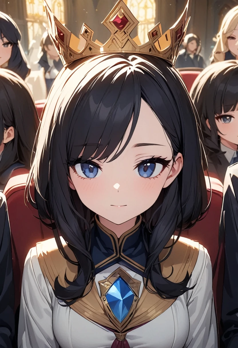 a beautiful woman with straight black hair and cold gaze, pale skin, queen of Unam, the "queen of winter", sitting on her throne with a shining crown, surrounded by her advisors in the royal hall, with guards lined up, detailed, long take, static and symmetrical framing, grainy filter, noise filter, low and closed angle, close up, indirect and diffuse lighting, nostalgic ambiance, fairy tale movie scene
