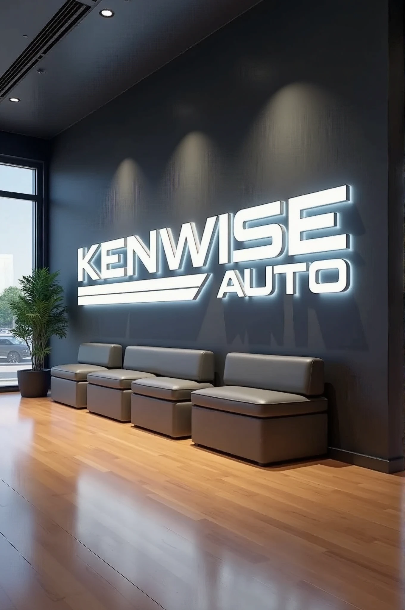 Create a beautiful and realistic large wall 3D logo for a digital  car dealership brand  , with name  KENWISE AUTO