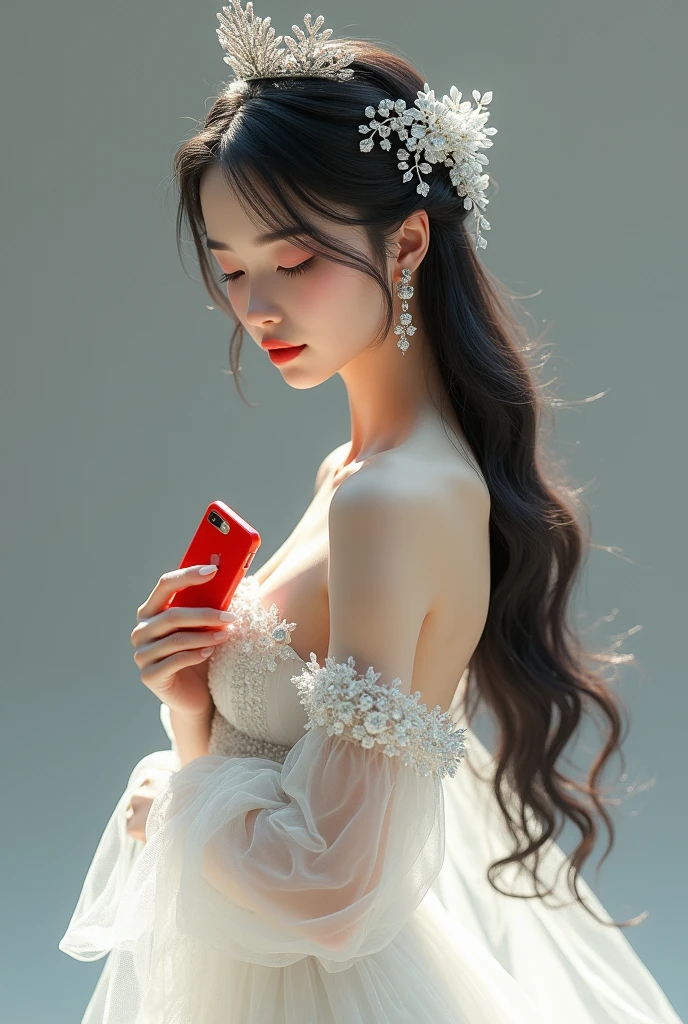 "A beautiful femina girl stands gracefully in a flowing fully covered white net gown, dress covered from shoulders adorned with a delicate small white stone crown perched on her head. Left hand holds a red color phone near her chest area showing backside of phone and right hand towards down side .Her long black hair cascades elegantly around her shoulders. She wears long heavy white stone earrings that glimmer softly. Her head is cast downward, and she smiles gently, her lips touched with a subtle brown light lipstick, radiating a serene and captivating charm."