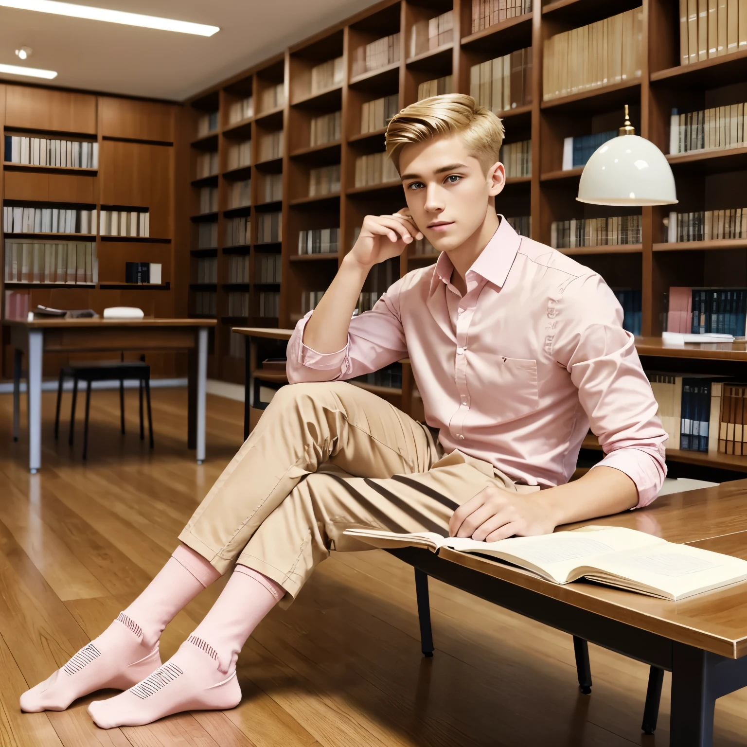 full body view, a young blonde handsome white french skinny guy with undercut preppy haircut, brown eyes, strong pointed nose, wearing light-pink shirt, beige chino pants, pink thin  socks, brown suede shoes, golden signet ring, studying at the library of french university, alone at his table, other students studying around at other tables. His pink socks must be seen