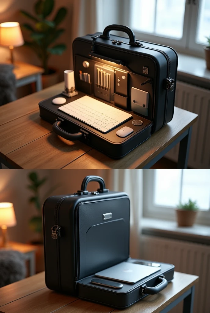An image of a small briefcase that opens up and becomes a work desk, with a small lamp, space to put documents and a laptop