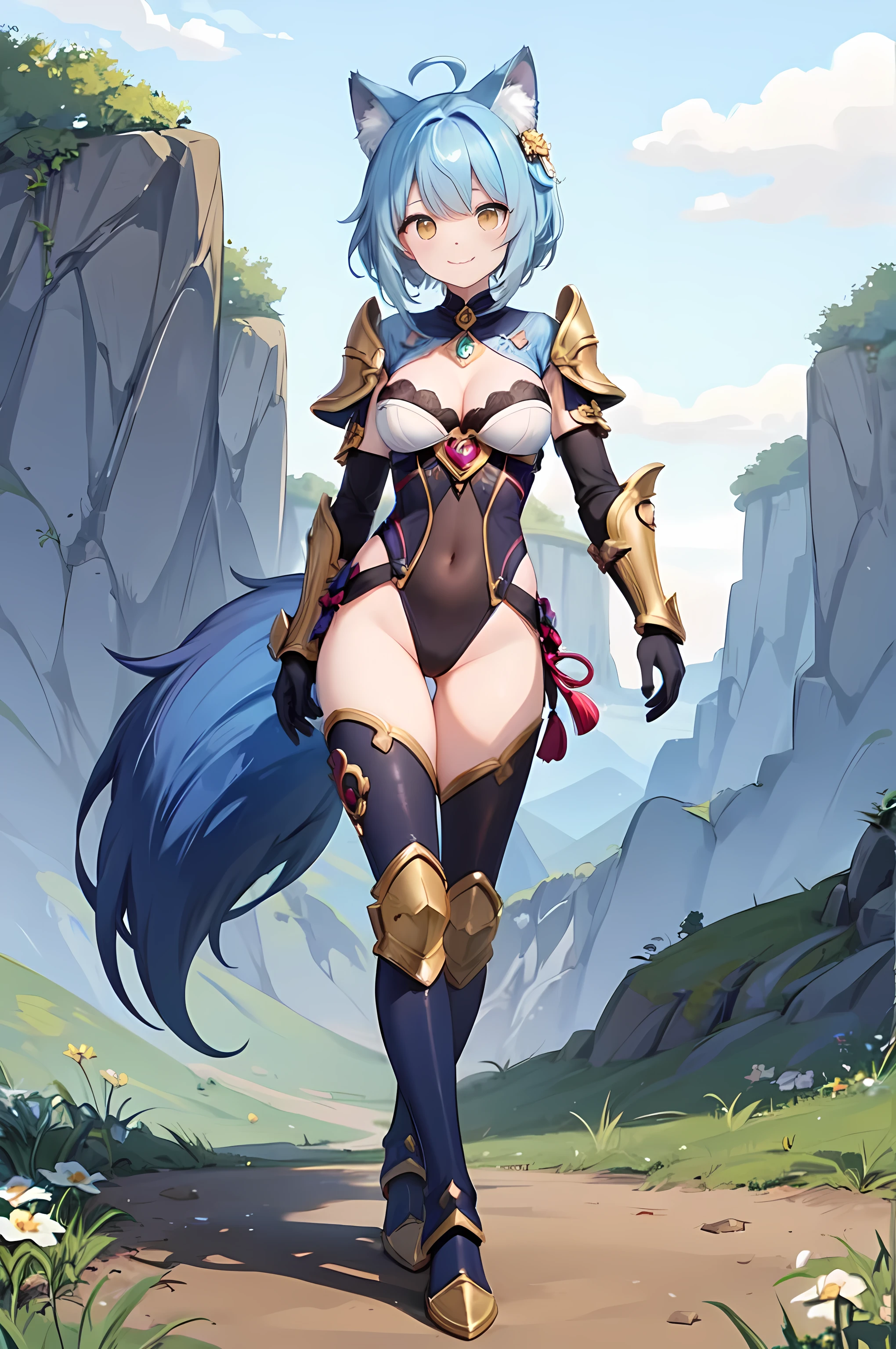 Masterpiece, 1girl, ahoge, animal ear fluff, fox ears, armor, bangs, black gloves, black thighhighs, blue hair, boots, breasts, cleavage, covered navel, day, flower, full body, gloves, grass, hair ornament, leotard, looking at viewer, perfect body, medium breasts, outdoors, short hair, shoulder armor, sky, solo, standing, fox tail, thigh boots, thighhighs, vambraces, yellow eyes, smile, Genshin Impact style