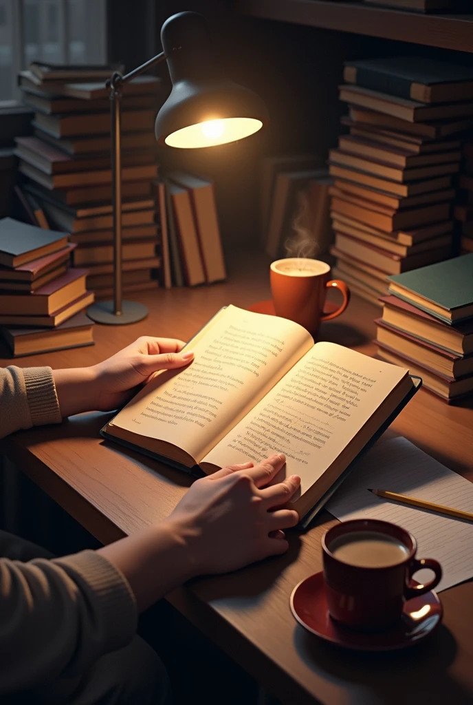 Image where there is a table, books, paper, pencil, coffee, lamp and some hands are holding a closed book
