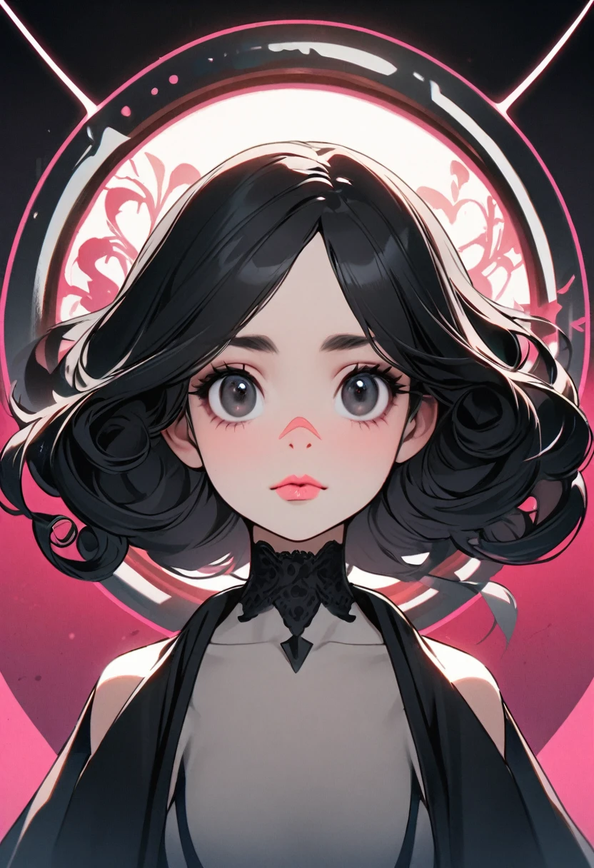create a white girl character , She has black hair that reaches her shoulders and is curly. , small black eyes , the big and straight nose , thin, pink lips
