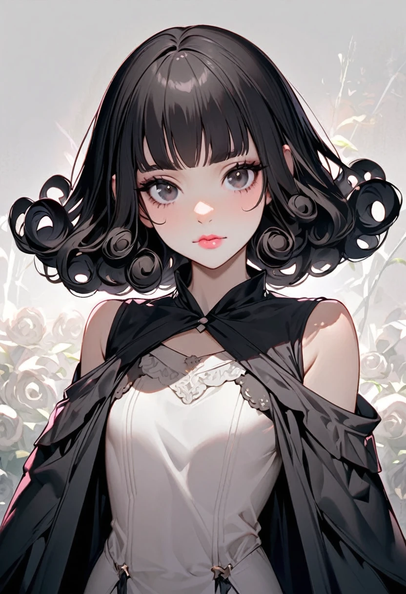 create a white girl character  , She has black hair that reaches her shoulders and is curly. , small black eyes , the big and straight nose , thin, pink lips 