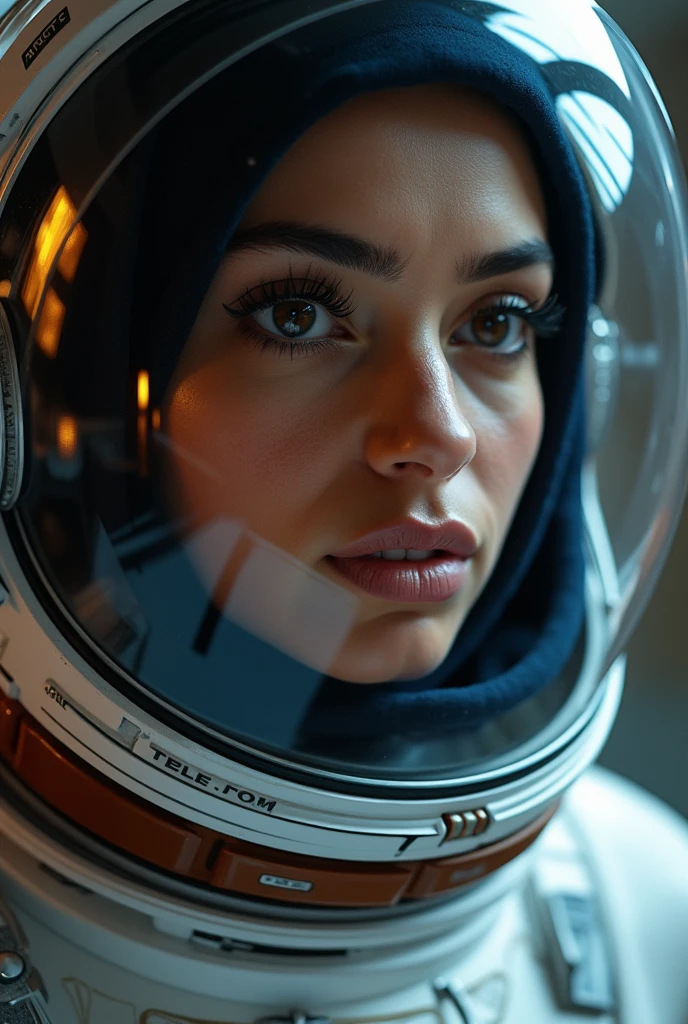 beautiful detailed eyes, beautiful detailed lips, extremely detailed eyes and face, long eyelashes, 1 woman, Arabian Moroccan woman, height 170 cm, weight 70 kg, medium body size, standing, NASA space suit, photorealistic, in other planet, advanced technology, futuristic environment, dramatic lighting, vivid colors, cinematic composition, intricate details, masterpiece, dark, full body view