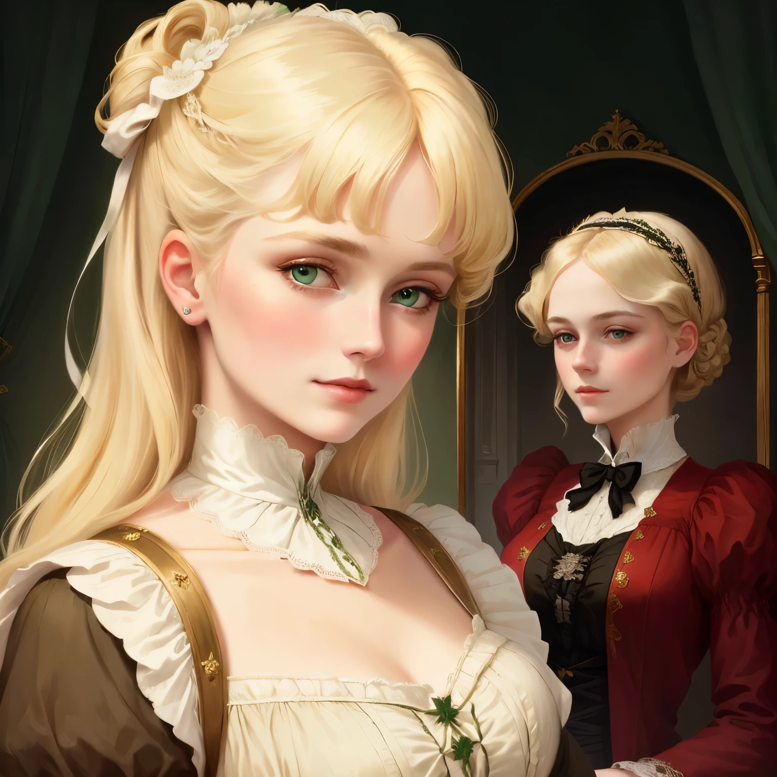 Lady Georgie Gerald, 1887, blond hair, green eyes. Victorian style.