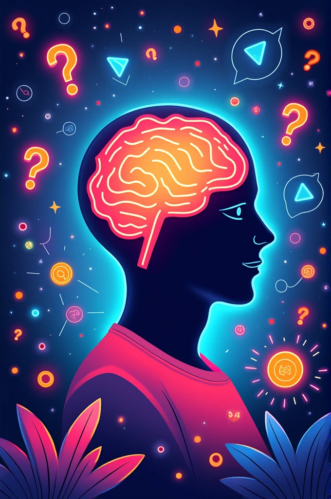 Create a vibrant and engaging image that represents a quiz profile. Use elements like a stylized brain, question and answer icons, and symbols of fun and knowledge. Include a colorful, dynamic background that conveys energy and enthusiasm, as a mixture of bright and contrasting tones. Add a touch of creativity, like neon lights or geometric patterns, to capture the essence of a fun and stimulating mental challenge.