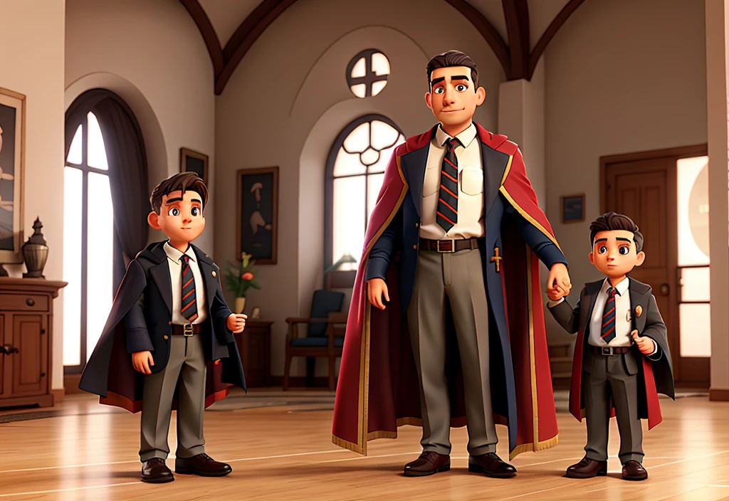 
father and son, father holding son with templar cape, father with suit and tie.
