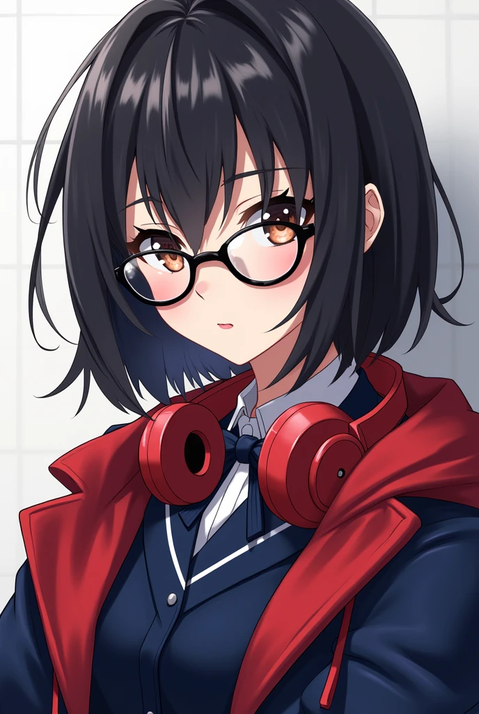 Dark short hair anime girl, with black glasses , in a blue school uniform and a red jacket with dark blue sleeves and with red headphones