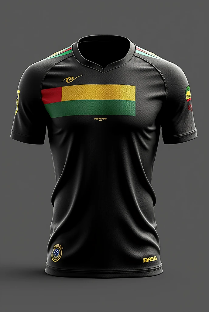 An all-black team shirt with the Maranhão flag on the chest, a beach badge on the side of the blouse and on the sleeve details with the color of the reggae flag.