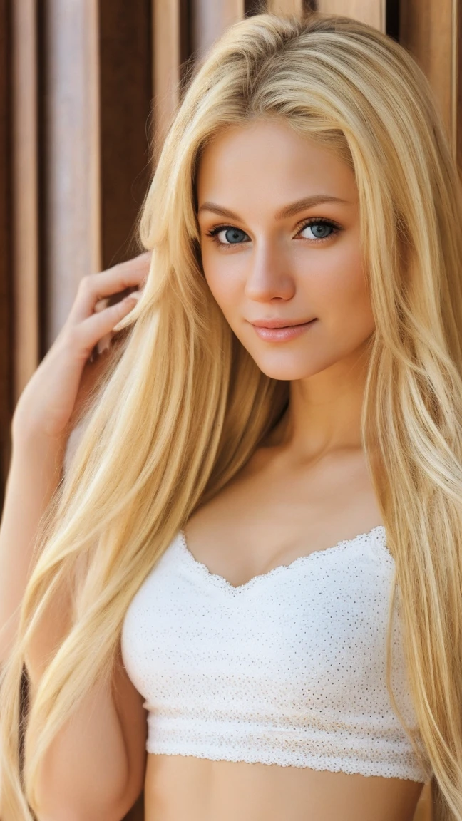 full waist up pose , upper knees pose , blonde ultra hot woman with long hair and white top posing for a picture, Anna Nikonova aka Newmilky, yelena belova, a gorgeous blonde, irina nordsol kuzmina, a girl with blonde hair, Pretty Blonde, Taran Dasha, Blonde and attractive features, angelina stroganova, viktoria gavrilenko, Retrato Sophie Mudd, blonde goddess, realistic:2.2 , detail skin texture