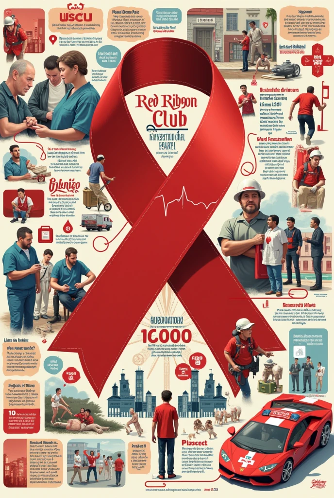 I need a poster about red ribbon club with various pics related to rescue works and blood donations with other duties of red ribbon club with slogans