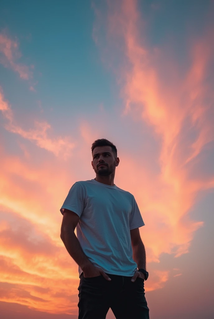 man in shirts, standing, camera views from below, dynamic sky, vibrant