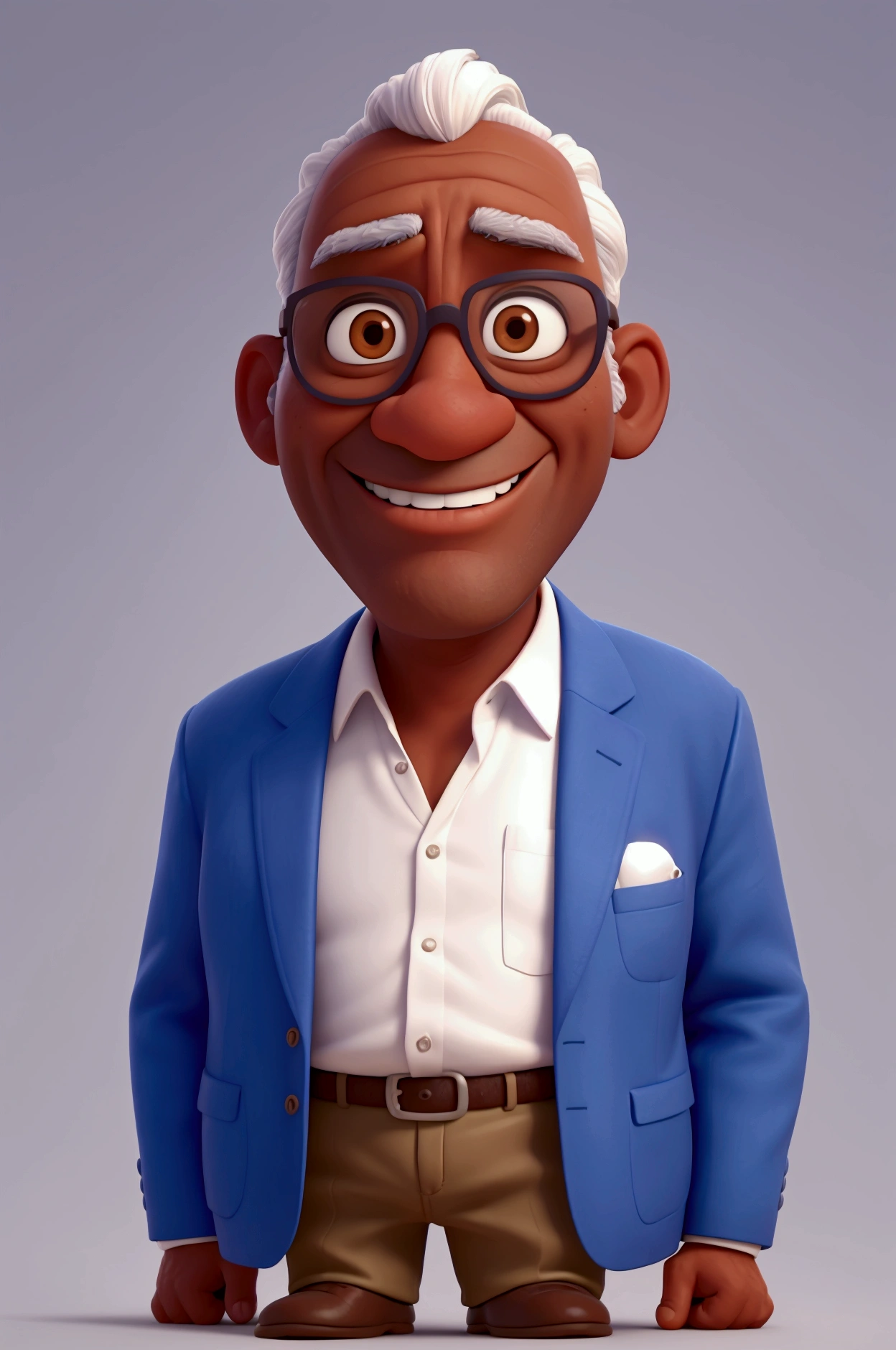 Create a Pixar-Style Poster with a 50-Year-Old Man, dark-skinned, wearing glasses, with white smile, blue blazer, holding a gift, add text to the image: happy fathers day!
