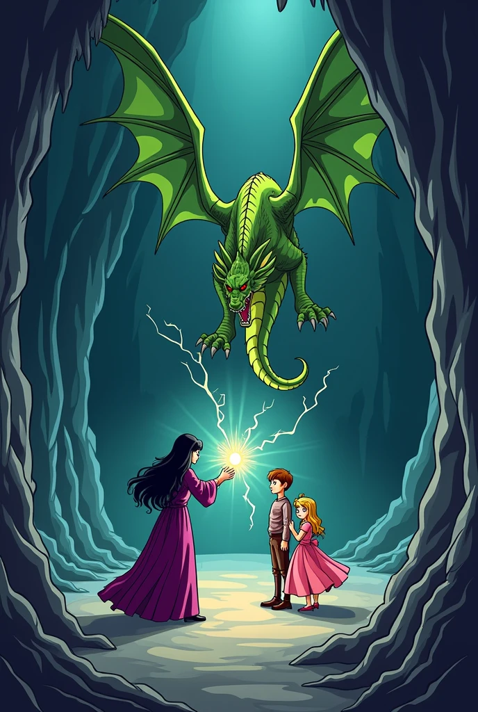 A scene in a cave with an evil witch in a purple dress and black hair casting a spell on a brown-haired prince and a blonde-haired princess in a pink dress, but there is a green dragon that opened its beautiful wings to protect the princess and the prince from the witch's spell. Black and white image style, cartoonized minimalist, hand drawing line, for coloring