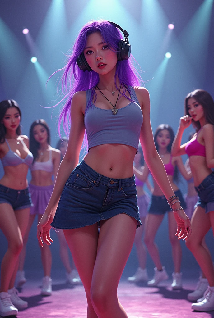 Korean purple hair butterfly woman with headphones short skirt in rehearsal with dancers and musicians for show at rock rio