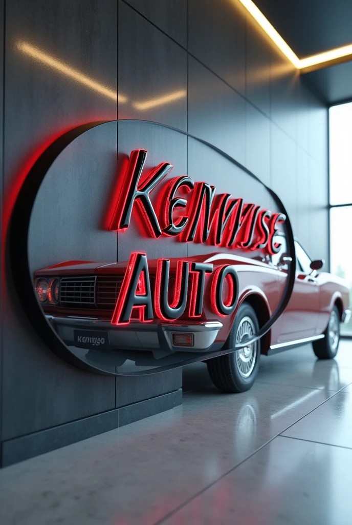 Create a beautiful and realistic large wall 3D logo for a digital  car dealership brand  , with name  KENWISE AUTO
