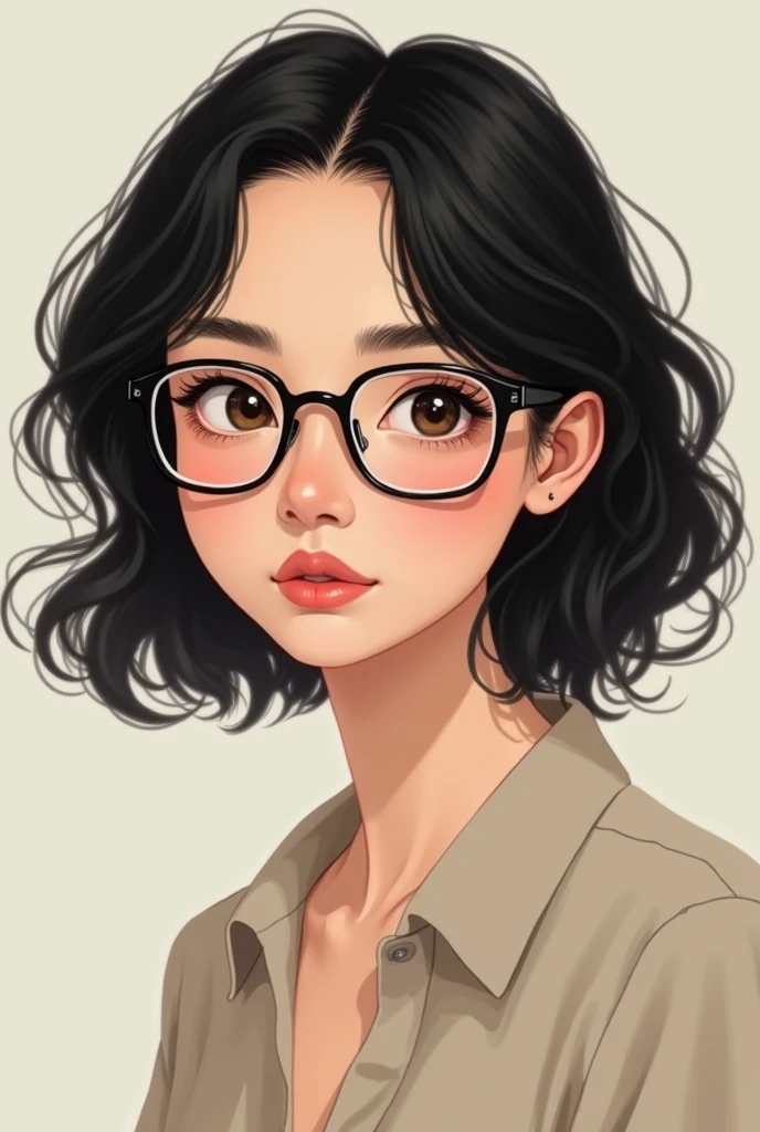 A white girl with thin glasses and black curly hair