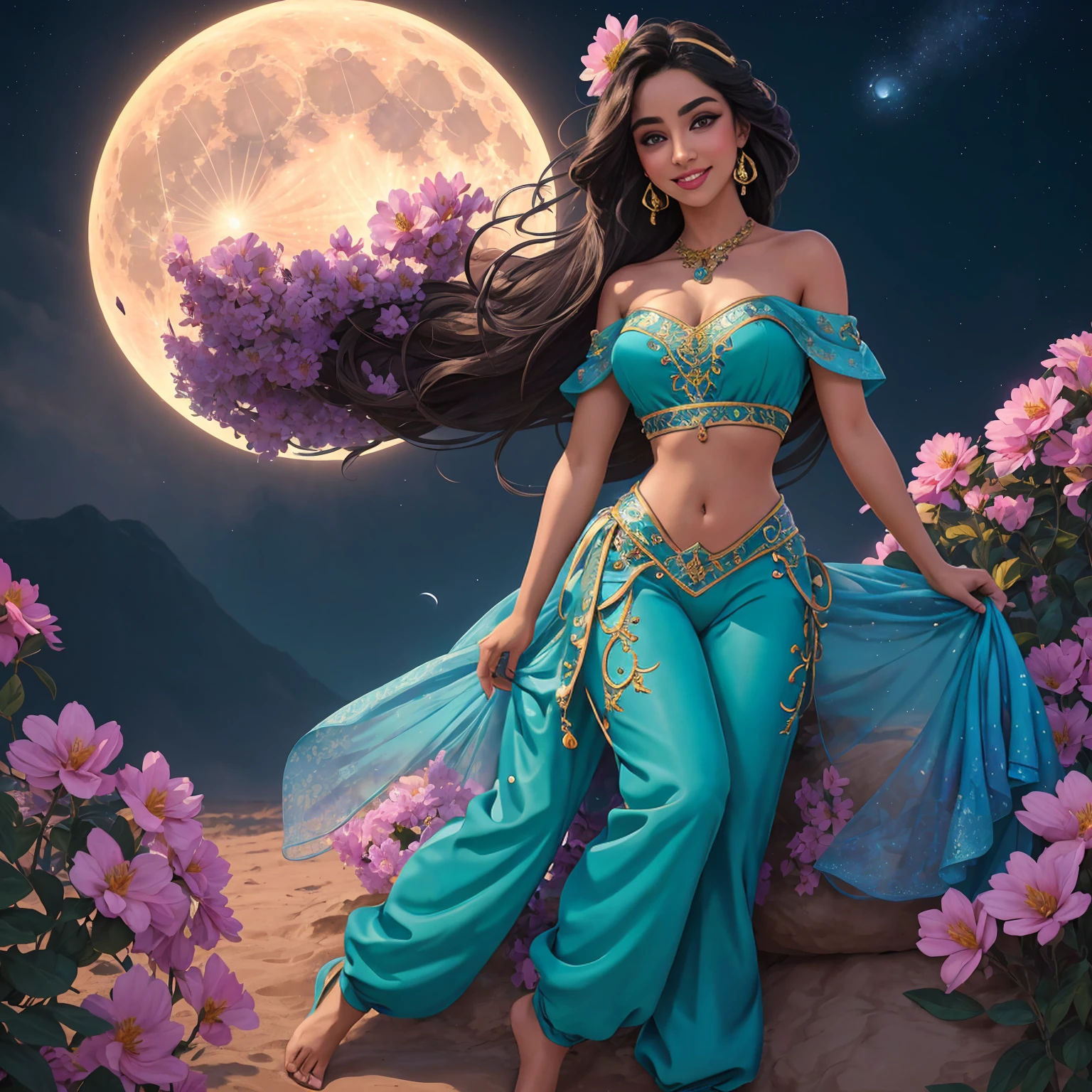 ((full body photo, standing, feet on the ground)) jasmine  1girl, solo, looking at viewer, smile, shirt, bare shoulders, jewelry, sitting, full body, flower, earrings, pants, off shoulder, crop top, makeup, bird, border, moon, full moon, off-shoulder shirt (realistic:1.2), (realism), (masterpiece:1.2), (best quality), (ultra detailed), (8k, 4k, intricate),(full-body-shot:1), (85mm),light particles, lighting, (highly detailed:1.2),(detailed face:1.2), (gradients), sfw, colorful,(detailed eyes:1.2)(detailed background),detailed landscape, (dynamic angle:1.2), (dynamic pose:1.2), (rule of third_composition:1.3), (Line of action:1.2)