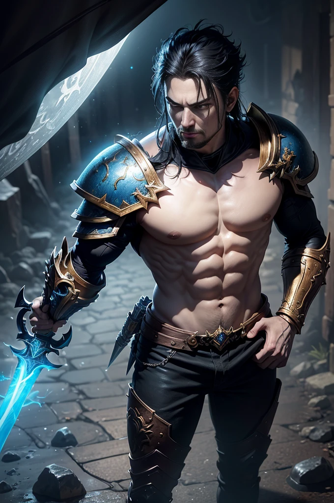Boys in 8K resolution(full body esbian:1.3)shot、splash art、Great cartoon style、A realistic and young male figure、Anatomically realistic digital painting(to show:1.3)Portrait of a young man(to show:1.3)blue and white complex(Heavily armed:1.3)And white short hair(A dark and moody universe:1.3)、black clothes,light particles、highly detailed skin、Demon Slayer、very detailed eyes、 (Elden Ring Style:1.1)、(warhammer style:1.3)、Concept Artist、World Lighting、depth of field、splash art、Works of art:art manure、Greg Rutkowski(Greg Rutkowsky)、Victoria Gavrilenko,He has a very big sword.