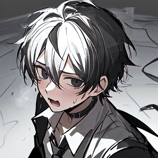 scaring, best emotions drawing, 1boy, black eyes, dark circle eyes, black hair, hair between eyes, short hair, only white shirt, solo, male focus, anime, simple style, sweating, in a trance, hypnotize, spiral eyes, insane asylum.