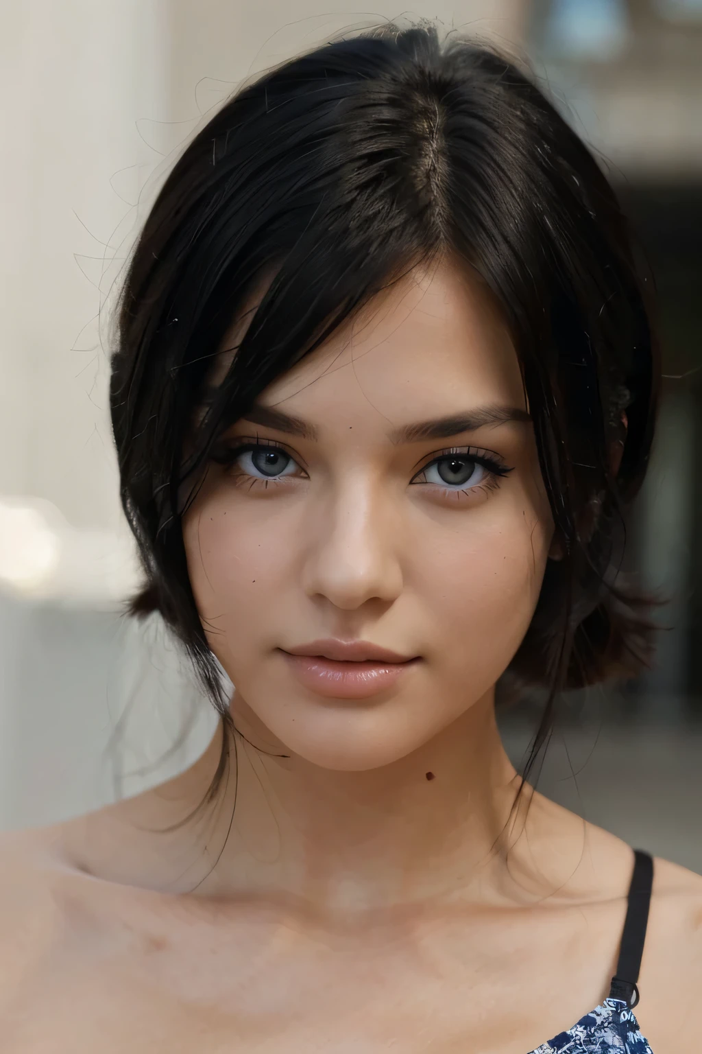woman with black hair, looking straight into camera, model face, attractive figure, looking straight into camera, Caucasian appearance, eyes blue