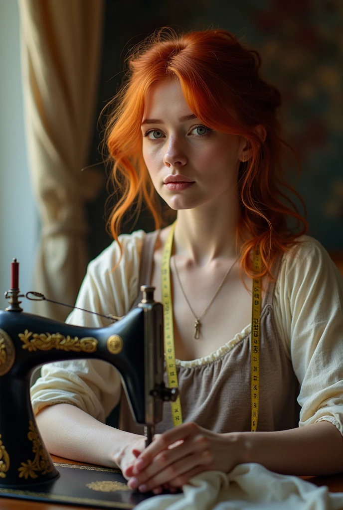 A white redhead woman sitting next to a sewing machine, with a tape measure hanging around his neck