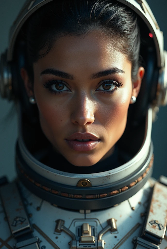 beautiful detailed eyes, beautiful detailed lips, extremely detailed eyes and face, long eyelashes, 1 woman, Arabian Moroccan woman, height 170 cm, weight 70 kg, medium body size, standing, NASA space suit, photorealistic, in other planet, advanced technology, futuristic environment, dramatic lighting, vivid colors, cinematic composition, intricate details, masterpiece, dark, full body view