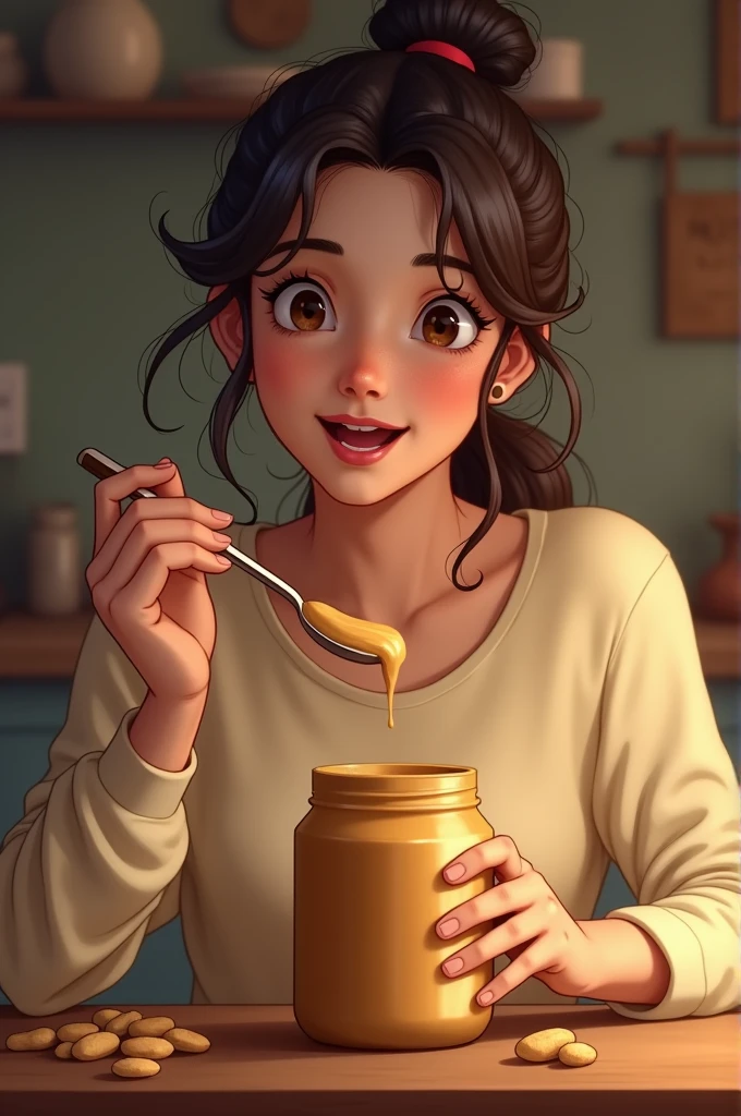 A women eating peanut butter with a spoon