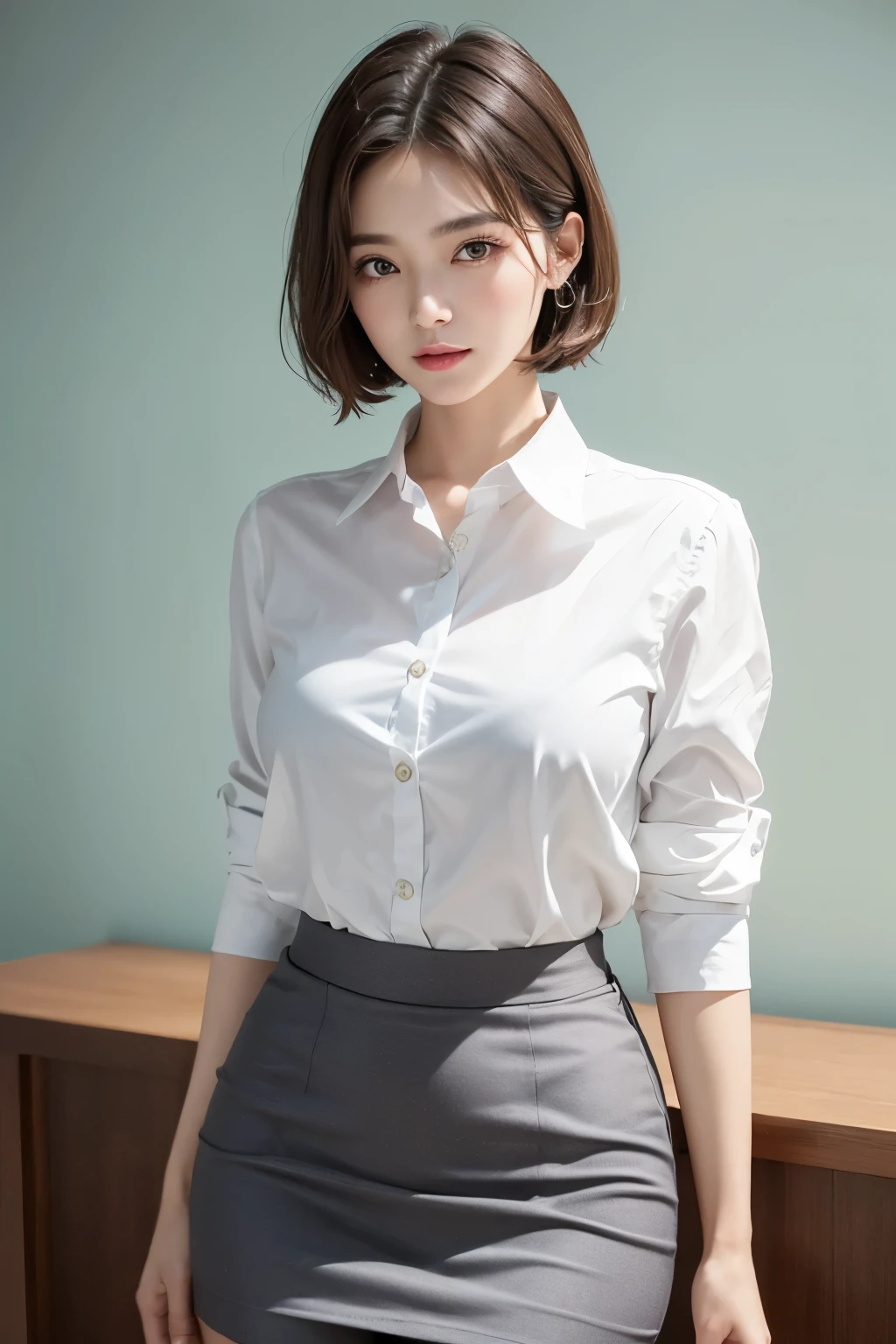 masterpiece、Highest quality、8k、This beautiful teacher、A simple and elegant white shirt、Super mini black tight skirt, Showing off her tall figure and graceful curves. Short Hair, It gave off a faint fragrance. Her features are delicate, Her eyes are bright and lively, Her eyebrows are thin and natural, Her lips are rosy and sexy, Her face is round and smooth.、Realistic Face、Realistic Skin