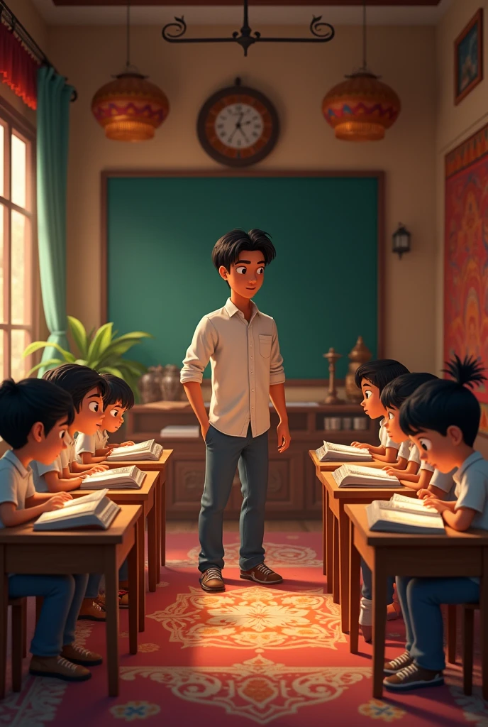 Teacher wake up and students are reading in Indian theme make the teacher in shirt and pant make the students ???