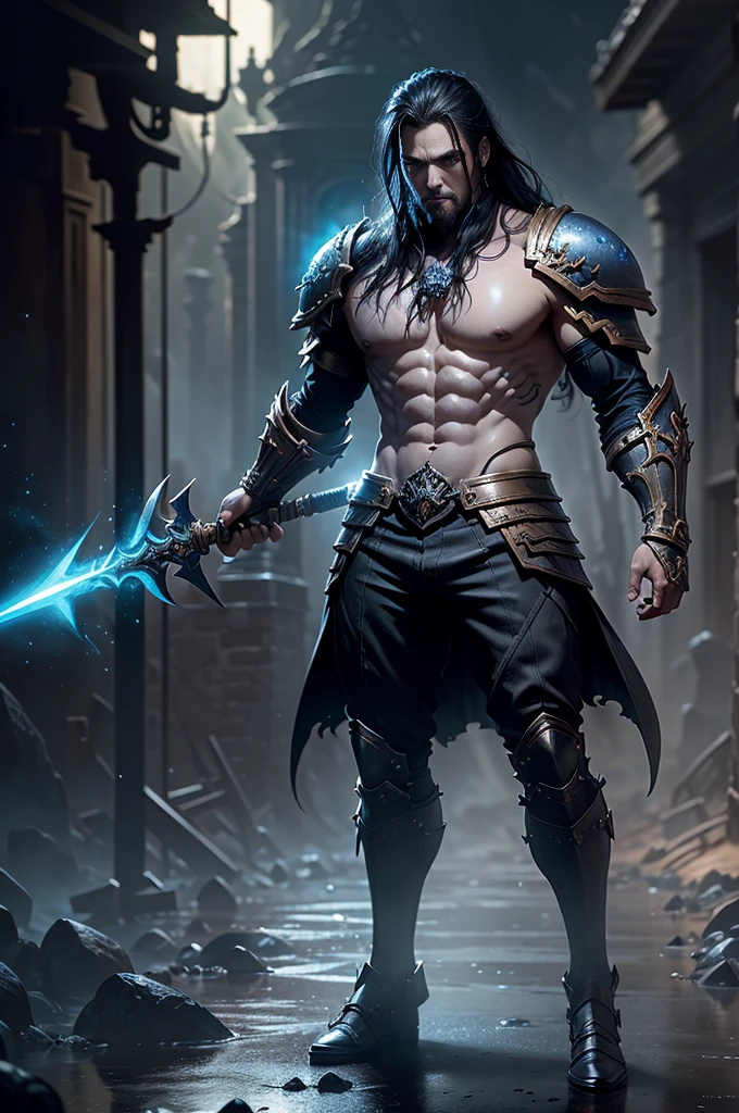 Boys in 8K resolution(full body esbian:1.3)shot、splash art、Great cartoon style、A realistic and young male figure、Anatomically realistic digital painting(to show:1.3)Portrait of a young man(to show:1.3)blue and white complex(Heavily armed:1.3)And white short hair(A dark and moody universe:1.3)、black clothes,light particles、highly detailed skin、Demon Slayer、very detailed eyes、 (Elden Ring Style:1.1)、(warhammer style:1.3)、Concept Artist、World Lighting、depth of field、splash art、Works of art:art manure、Greg Rutkowski(Greg Rutkowsky)、Victoria Gavrilenko,He has a very big sword.