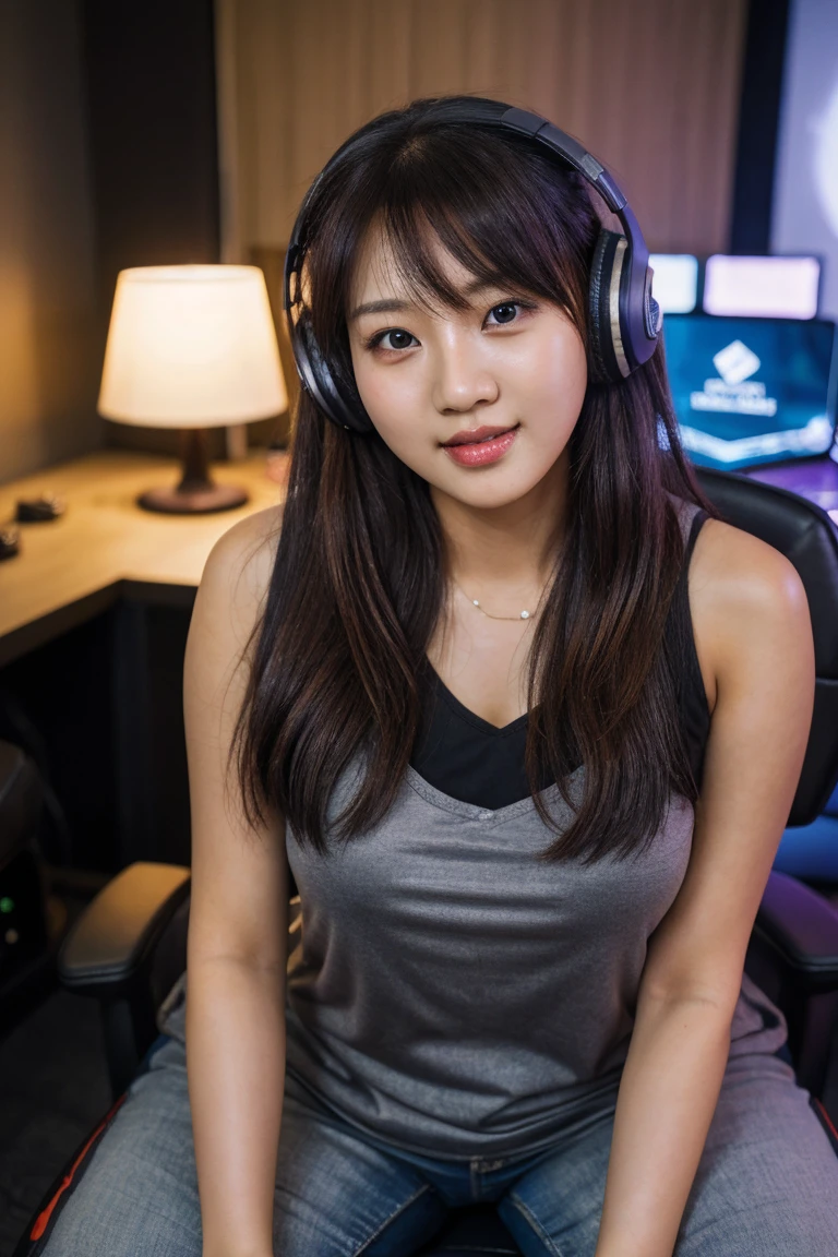 Neon pro gaming room, ((2persons in 1 image)), ((naughty very beautiful south korean-Indonesian hybrid girl gamers with 1old_man with robust build)), the old man seems to be lusting over the girl, (the old man is besides the girl:1.2), BREAK, sexy sensual kissable lips:1.2, lewd mouth apart, natural teen saggy breasts, thick fleshy sexy arms:1.2, wearing huge gaming headphone, wearing tanktop with anime print, bracelet, chocker, gamer chair, lotof action figures statue display on the back of the room, the girl sitting on the gaming chair with the gaming high-end OC on the desk before her, full face close-up focused shot, gaming, Juicy thick figure, high quality skin, Skin pores, amazing details, perfect anatomy, anatomically correct, realistic, extremely detailed eyes, dark moody gamer settings, cool environment, BREAK, photographed on a Canon EOS R3, 105mm F/2.8 VR Macro Lens, HDR, 8k, (sharp focus),