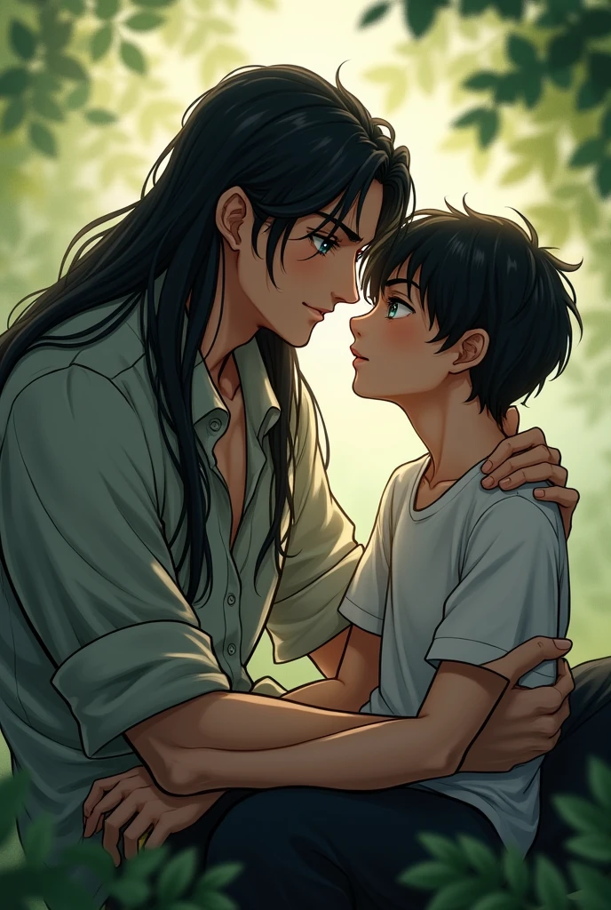A pretty black long-haired, teal blue-eyed male laying his head on another boy's lap.