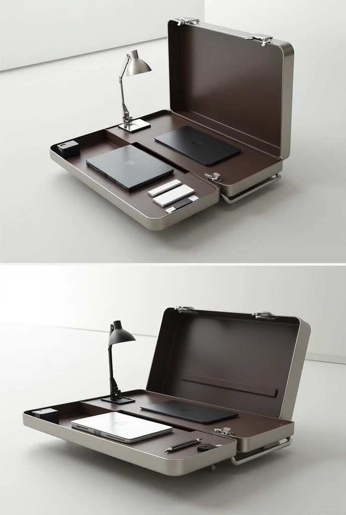 An image of a very simple and thin briefcase that opens up and becomes a work desk, with a small lamp, space to put documents and a laptop
