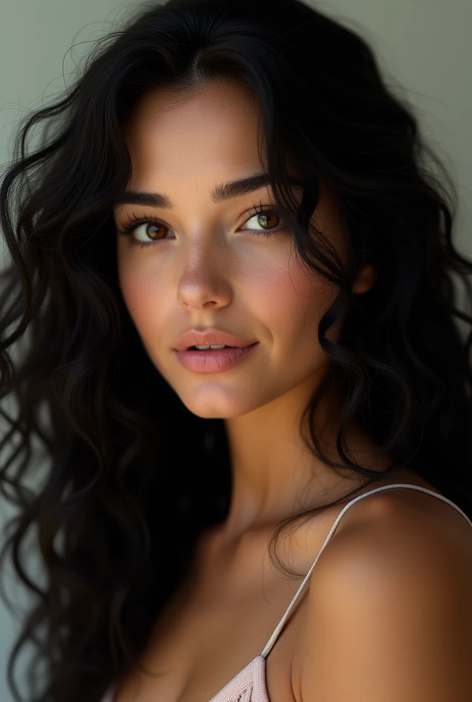 A woman with long curly black hair, light brown eyes and a round face