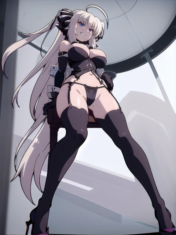 prison, concrete wall, concrete floor, ((bare shoulders)), ((black bustier)), ((black stockings)), ((black g-string)), ((black high heels)), ((black garter belt)), ((black elbow gloves)), ((chair)), ((female sitting in a chair)), ((evil grin)), (((((from below:1.5))))), looking at viewer, ass pov, ((stare at viewer with stern eyes)),
One girl, Long Hair, Purple eyes, chest, Ahoge, very Long Hair, large breasts, ribbon, hair ribbon, ponytail, bangs,