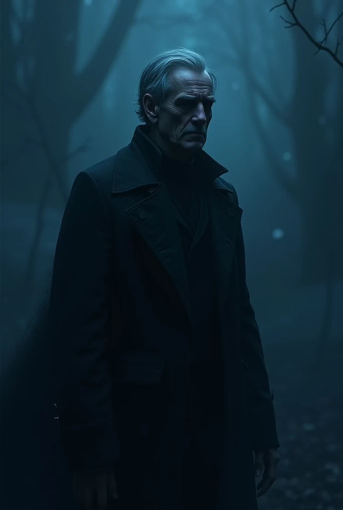 a mytsterious man looking away in a dark blue theme