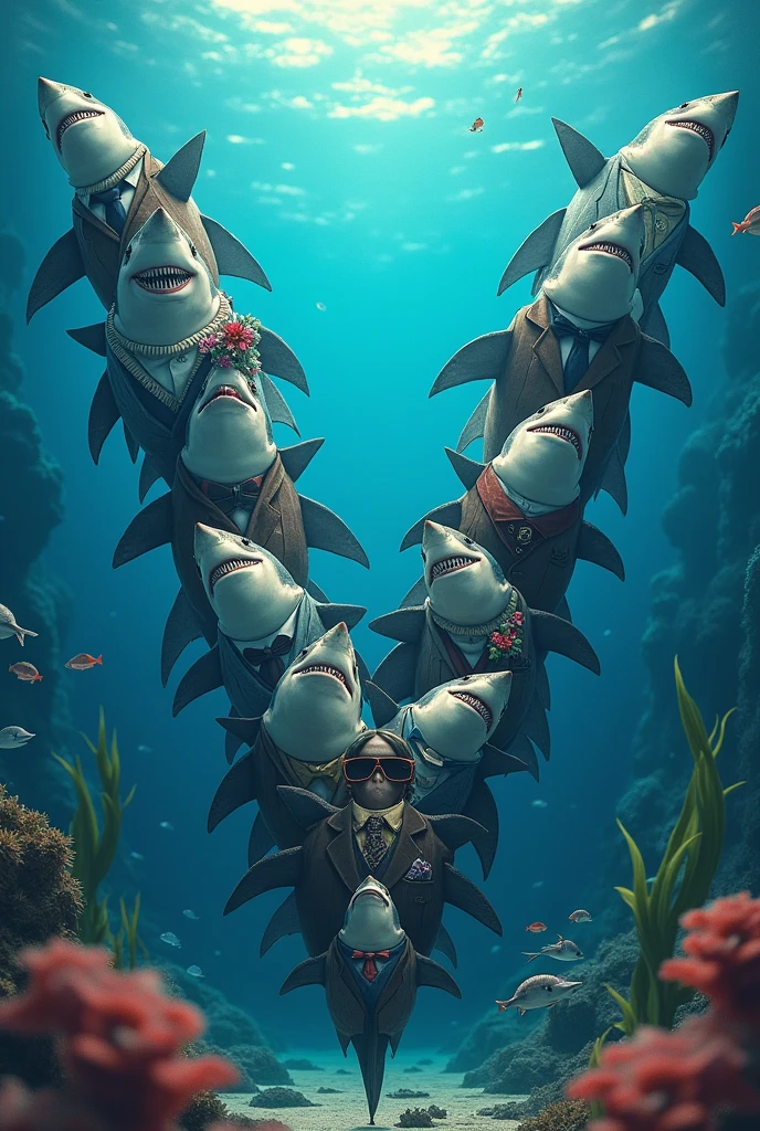 
A letter V filled with sharks dressed in different ways
