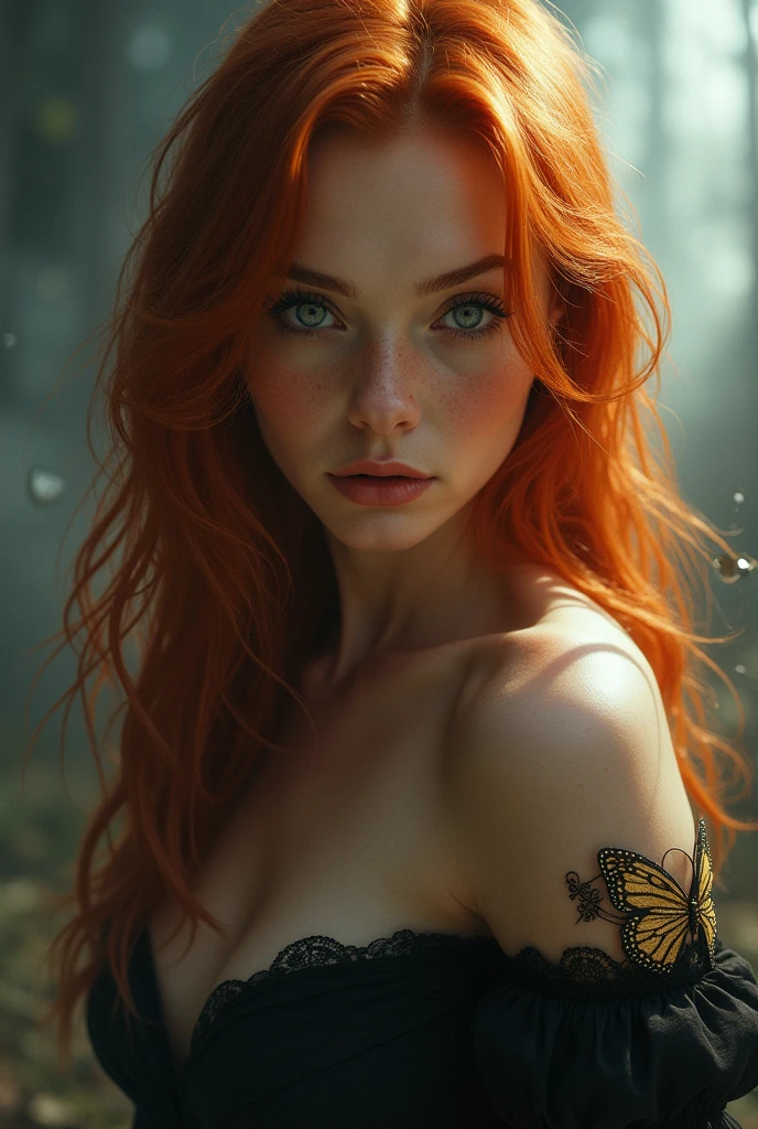 (solo, full body photo:1.3), (action packed:1.3), (haze, fog, mist:1.3), chiaroscuro, best quality, photorealistic, 1woman, (cute), (24yo:1.2), redhead, long ginger hair highly detailed, 1700'S, digital photography, art by artgerm and ruan jia and greg rutkowski surreal painting gold butterfly filigree, broken glass, (masterpiece, sidelighting, finely detailed Fashionable eyes: 1.2) (perfect oval large eyes that gazes at the viewer), beautiful detailed face, blue gorgeous perfect eyes, (blonde hair ponytail), (attractive young woman:1.3), (thick amazing hair), (seductive:1.1), (blushing:1.1)