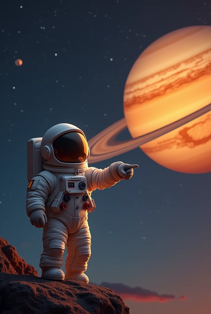 Baby astronaut pointing at Saturn